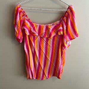 Emily Wonder Pink Multi Striped Ruffled Top. Size 2X NWT